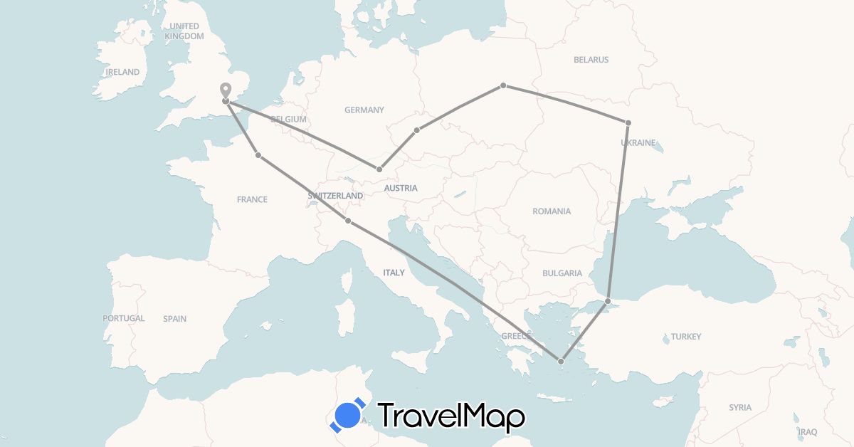 TravelMap itinerary: driving, plane in Czech Republic, Germany, France, United Kingdom, Greece, Italy, Poland, Turkey, Ukraine (Asia, Europe)